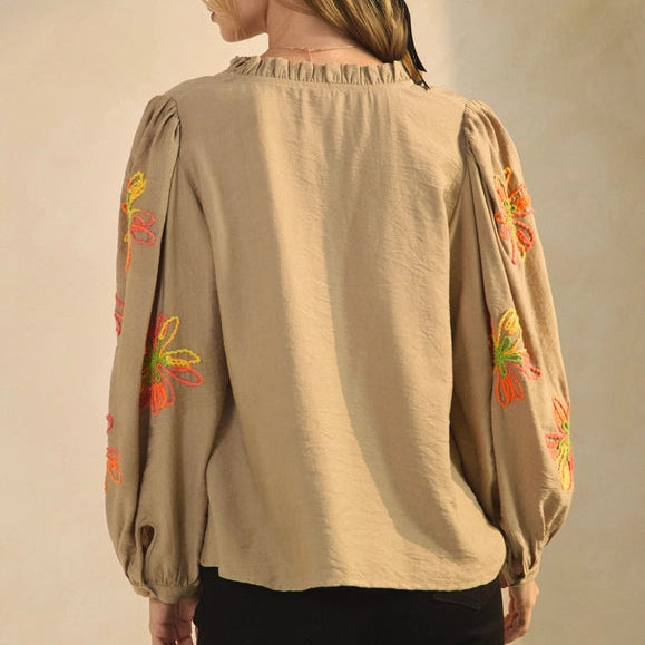 Textured Blouse with Floral Embroidery
