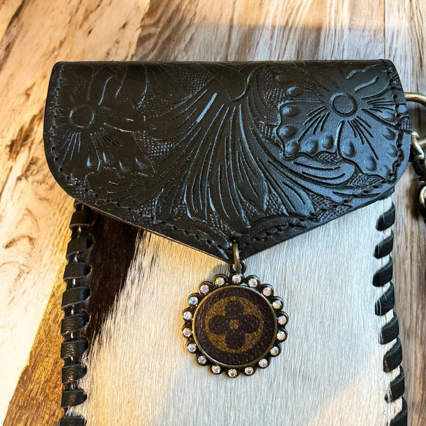 Tooled Cowhide Phone Crossbody Black