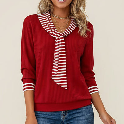 Stripe Contrast Tie Collar Cuffed Casual Long Sleeve Top