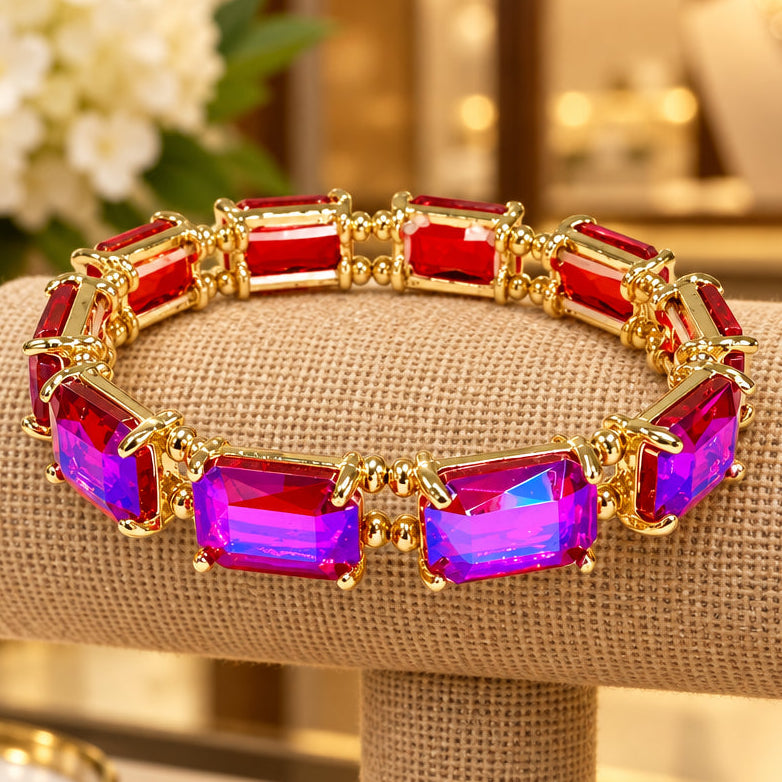 Hot Pink Rectangle Crystal Stretch Bracelet