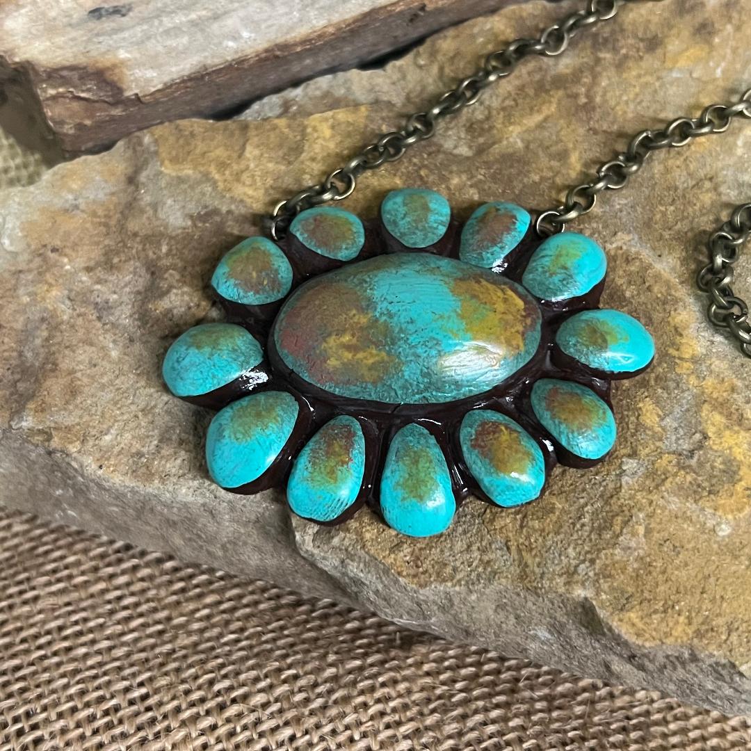 Vintage Turquoise Buffalo Polymer Clay Squash Blossom Necklace