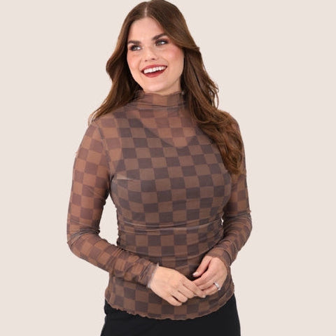 Keigan Chocolate Checkered Mesh Long Sleeve Top