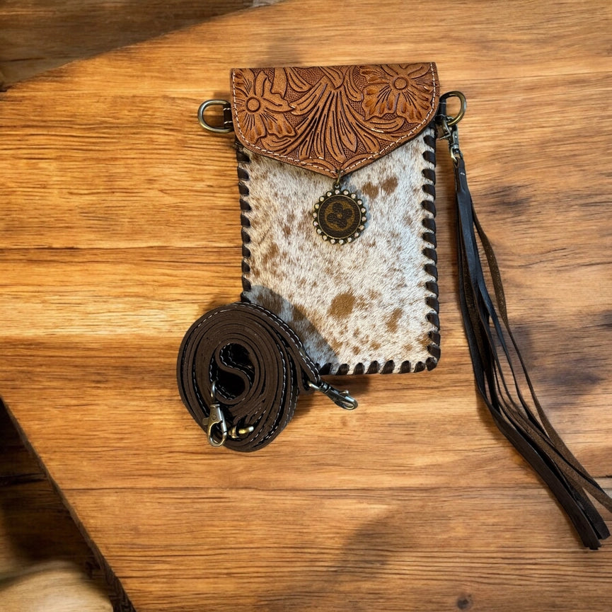 Tooled Cowhide Phone Crossbody Natural