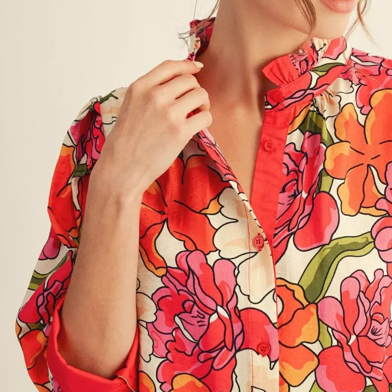 Button Down Floral Top with Solid Contrast Accent
