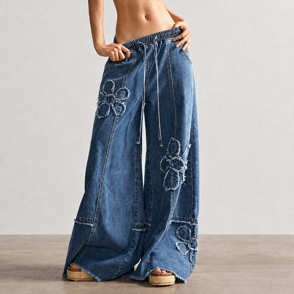 Floral Applique Drawstring Wide Leg Baggy Jeans