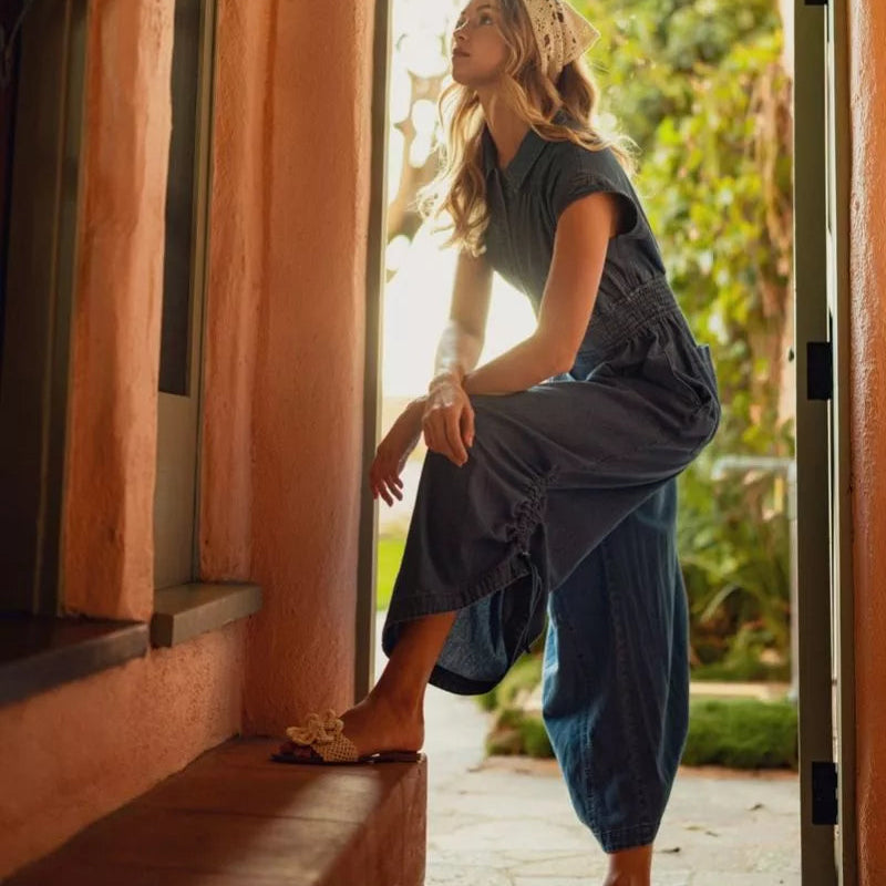 Short Drop Shoulder Wide Leg Washed Denim Jumpsuit