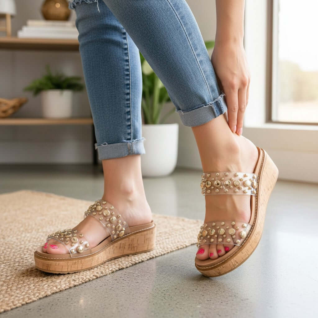 Corkys Yes Please Wedge – Clear with Gold Studs