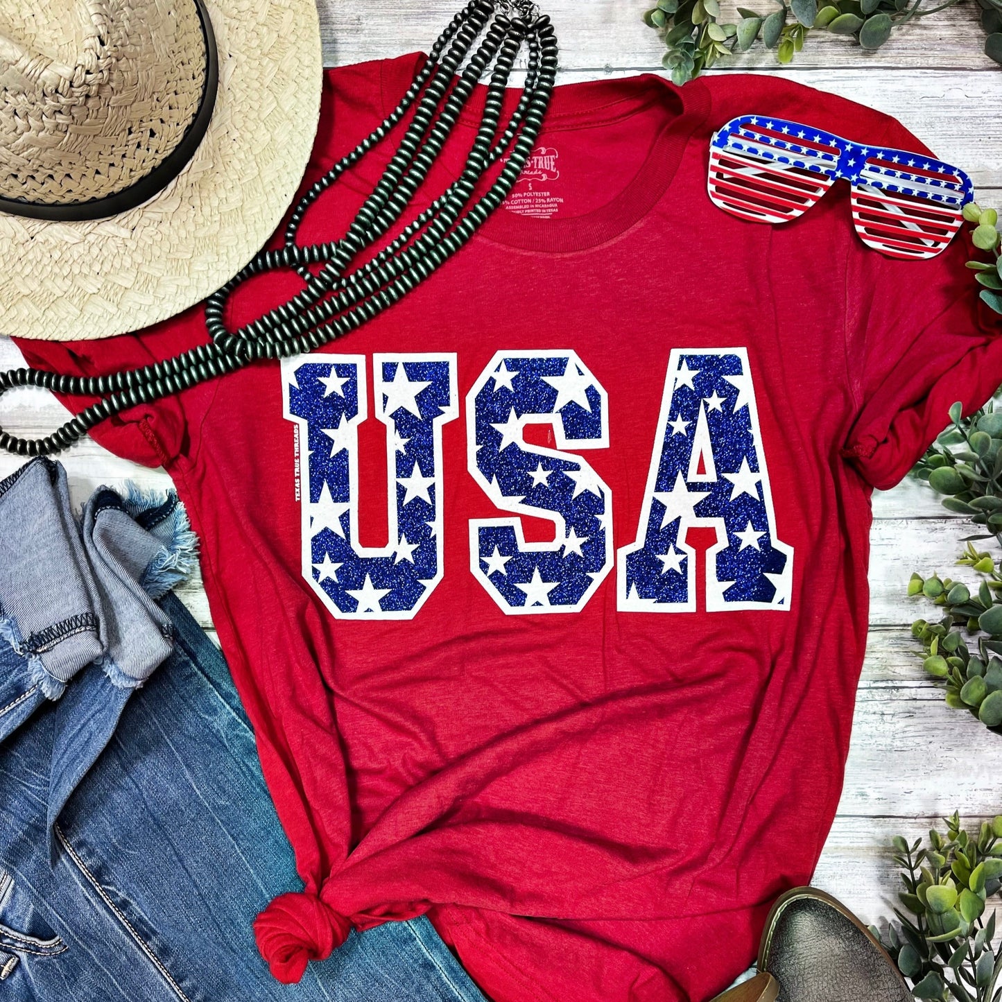 USA Tee & Tank with Stars in Blue Glitter