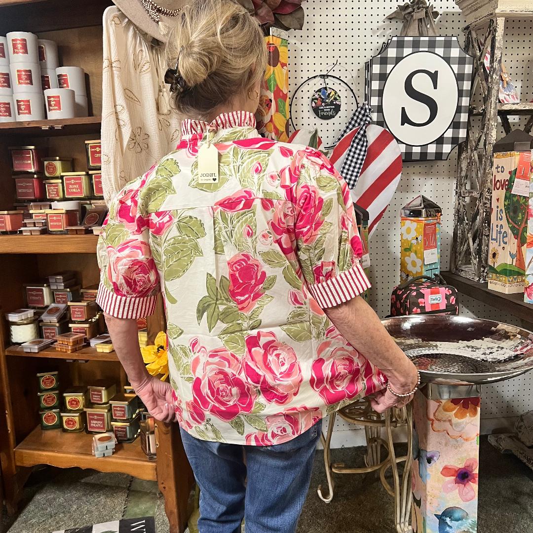 Short Sleeve Floral Pattern Top with Ruffled Neckline