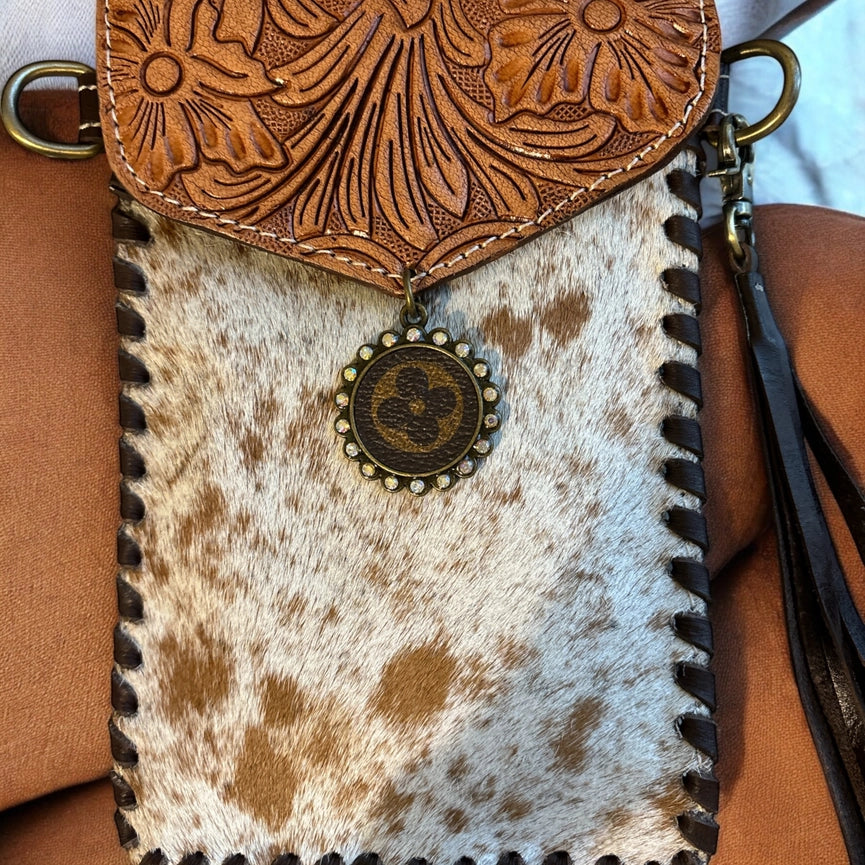 Tooled Cowhide Phone Crossbody Natural