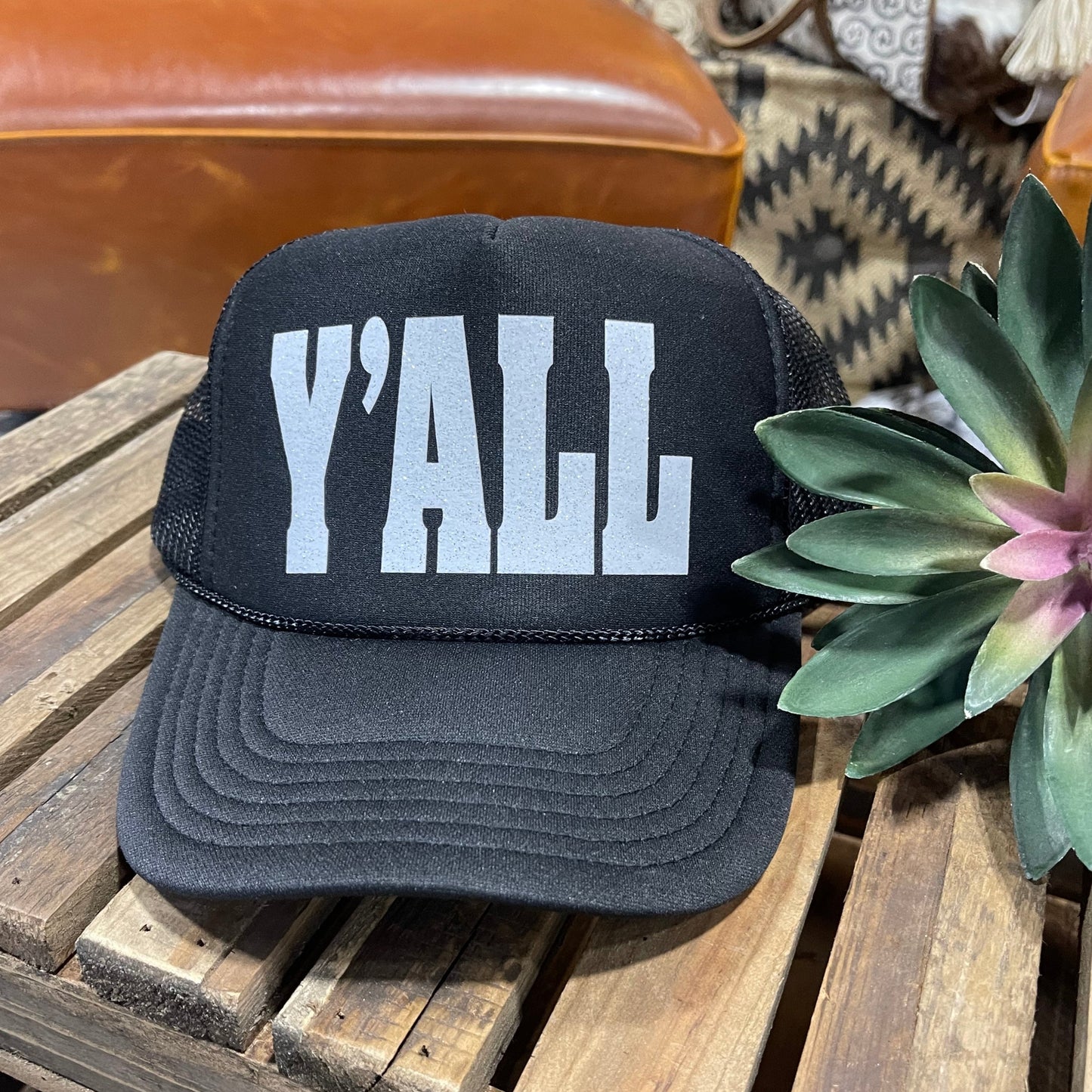 Y'all Black Trucker Cap with White Glitter