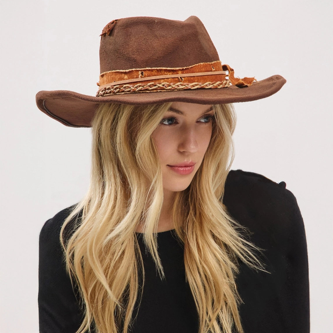 Distressed Band with Feather Cowgirl Fedora Hat