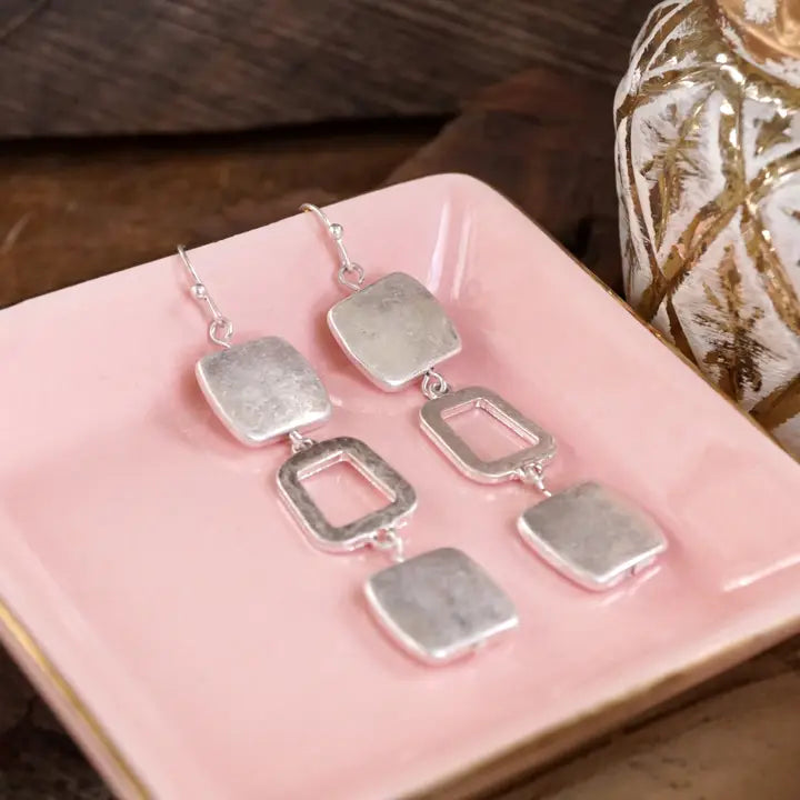 Boho Square Dangle Worn Silver Earrings