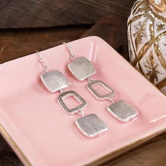 Boho Square Dangle Worn Silver Earrings