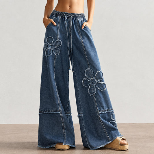 Floral Applique Drawstring Wide Leg Baggy Jeans