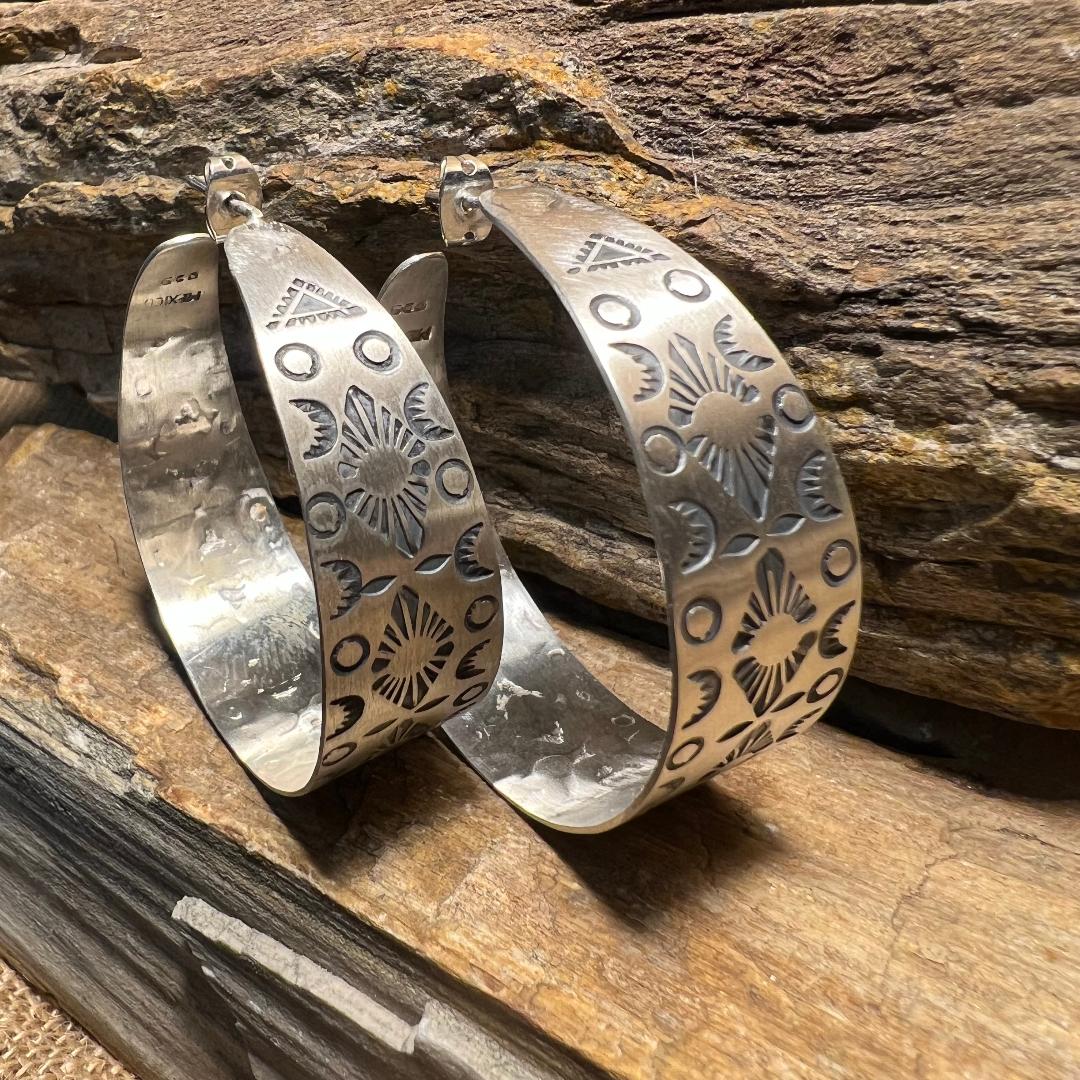 Sterling Silver 2-inch Hand Stamped Hoop Earrings