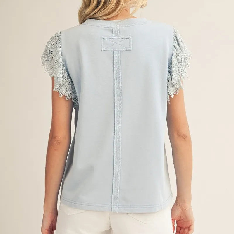 Lace Flutter Sleeves American Flag Patched Top
