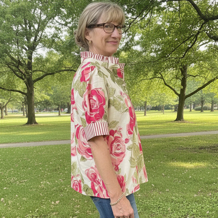 Short Sleeve Floral Pattern Top with Ruffled Neckline