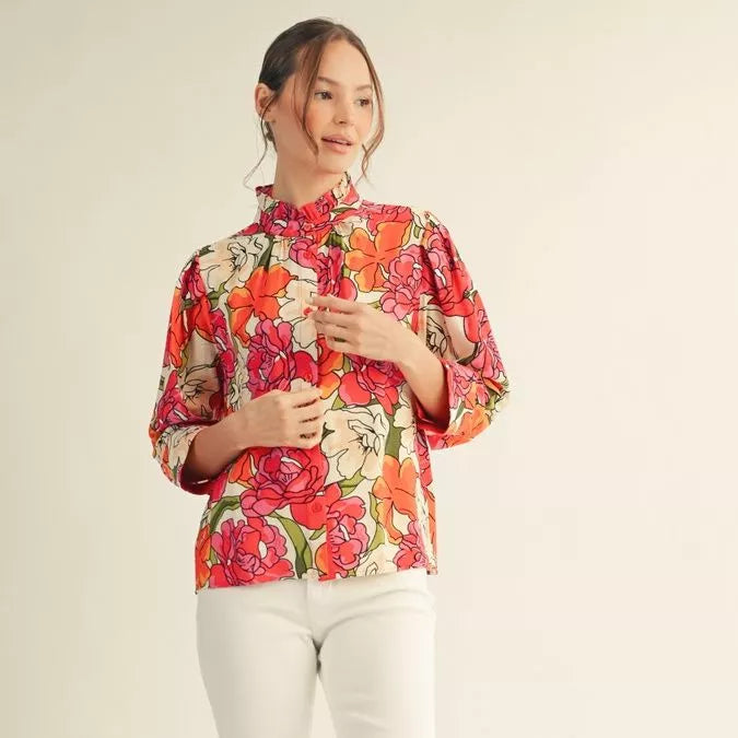 Button Down Floral Top with Solid Contrast Accent