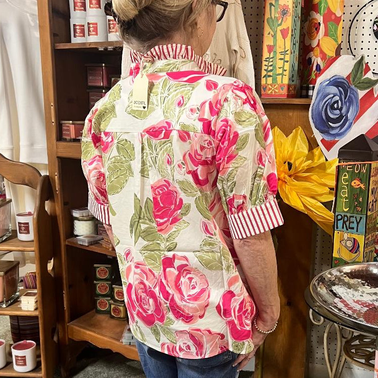 Short Sleeve Floral Pattern Top with Ruffled Neckline