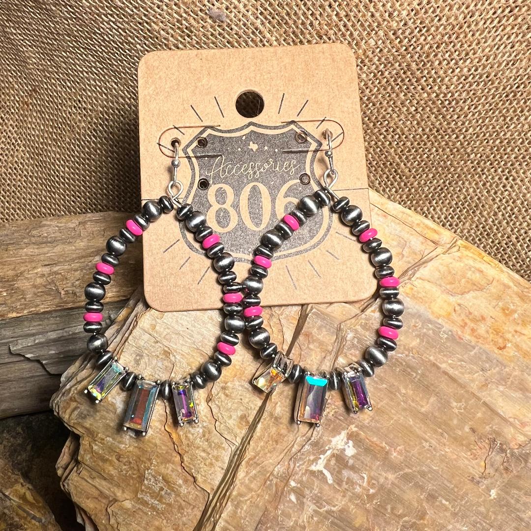 Gorgeous Pink & Gray Navajo Style Bead & Crystal Earrings