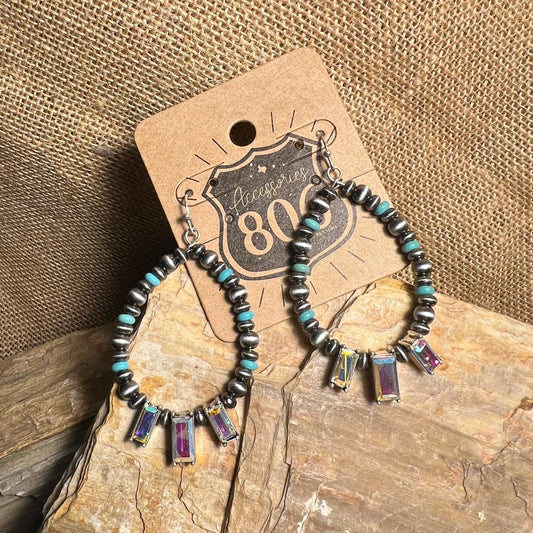 Gorgeous Turquoise & Gray Navajo Style Bead & Crystal Earrings