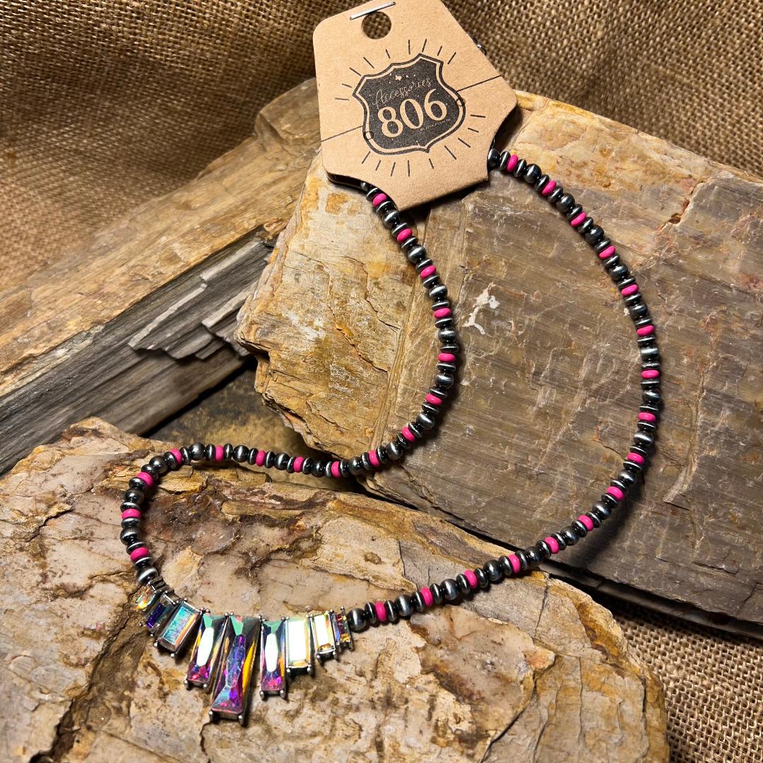 Gorgeous Pink & Gray Navajo Style Bead & Crystal Necklace