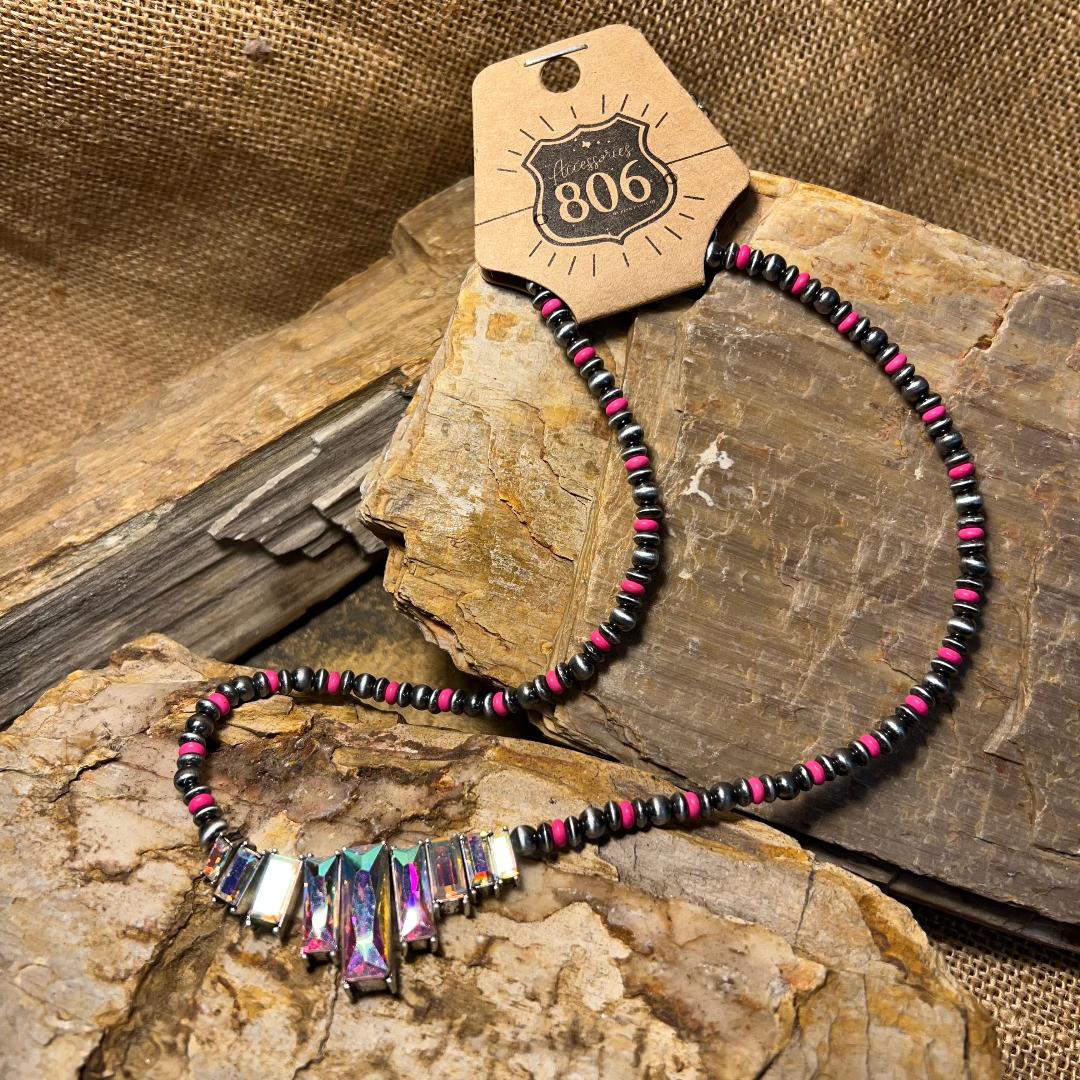 Gorgeous Pink & Gray Navajo Style Bead & Crystal Necklace