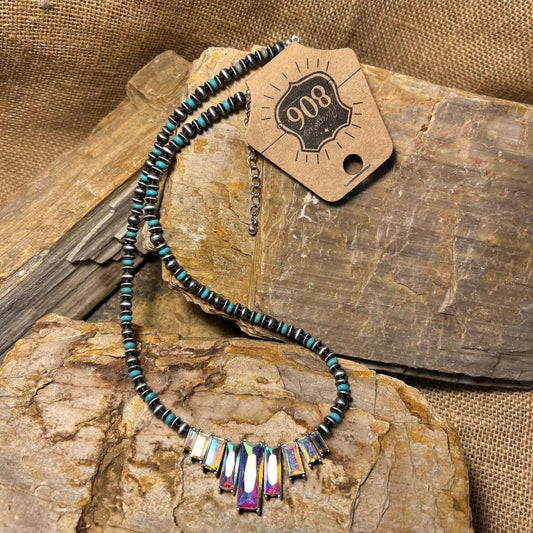 Gorgeous Turquoise & Gray Navajo Style Bead & Crystal Necklace