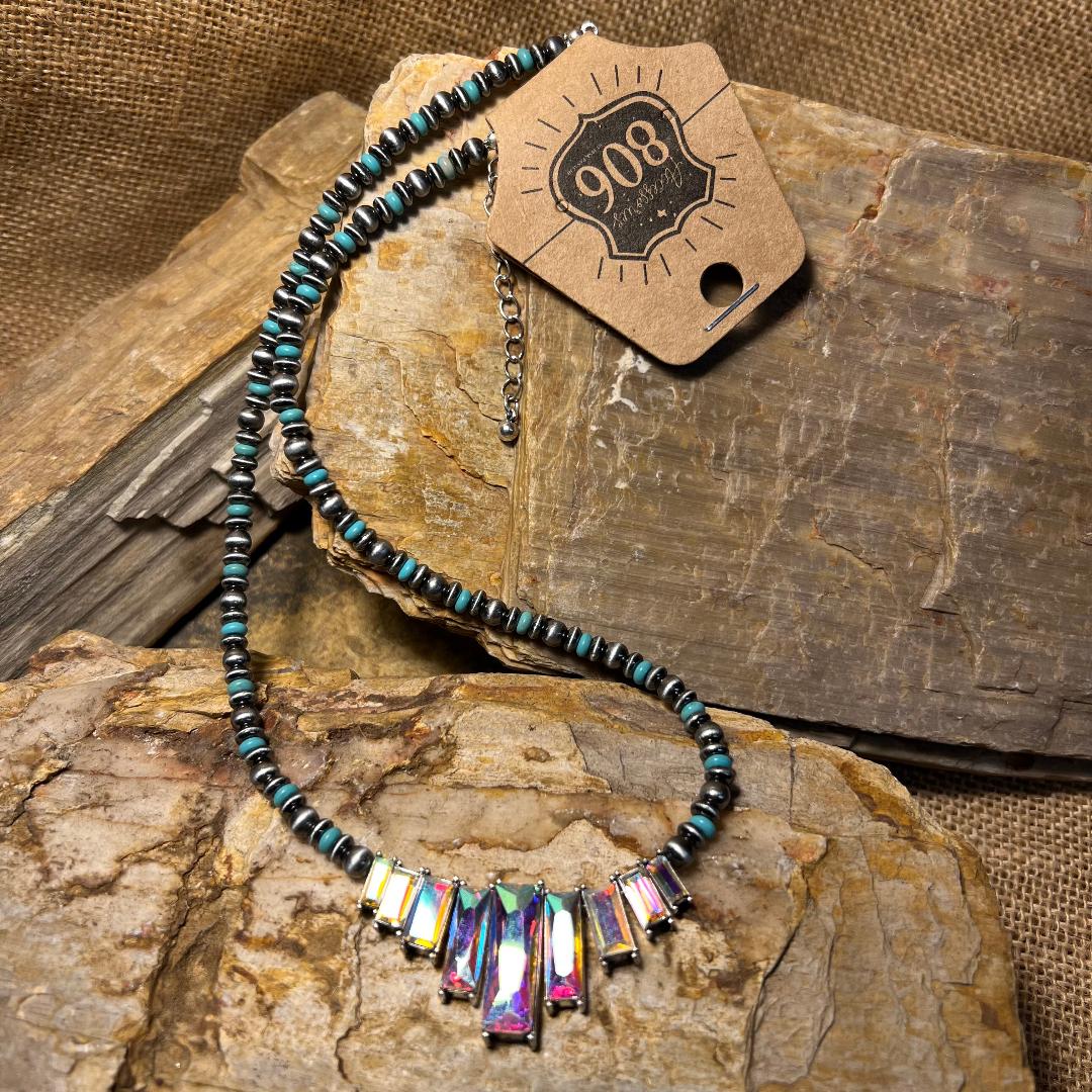 Gorgeous Turquoise & Gray Navajo Style Bead & Crystal Necklace