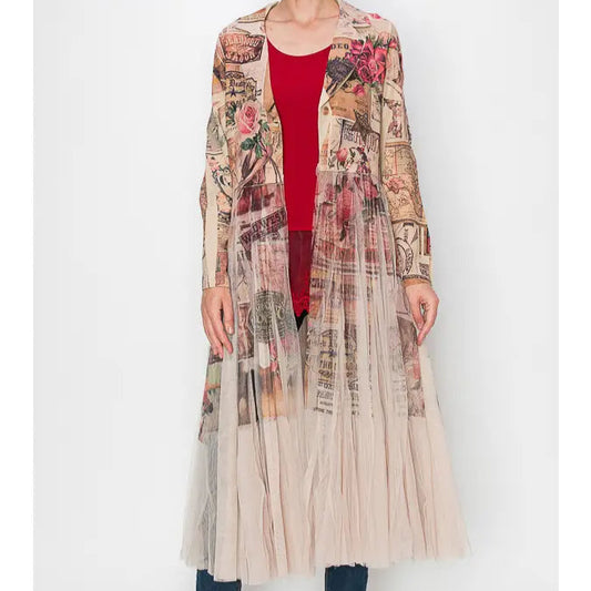 Chic Contrast Longline Blazer Jacket with Mesh Tulle Panel