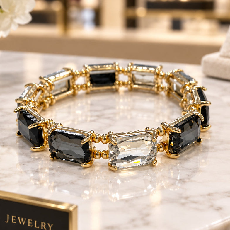 Black Multi Rectangle Crystal Stretch Bracelet