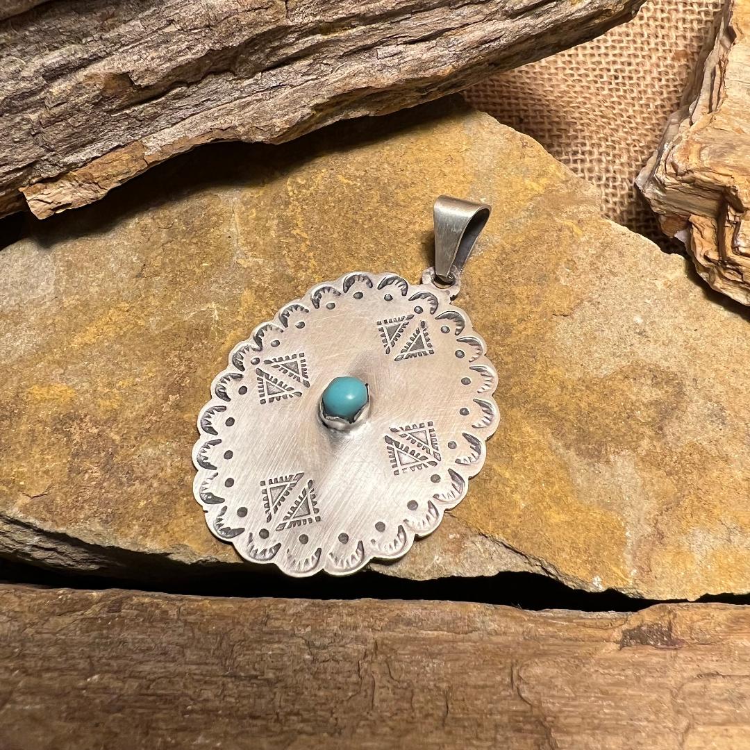 Matte Finished Santa Fe Oval with Center Turquoise Stone Pendant