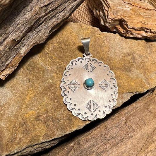 Matte Finished Santa Fe Oval with Center Turquoise Stone Pendant