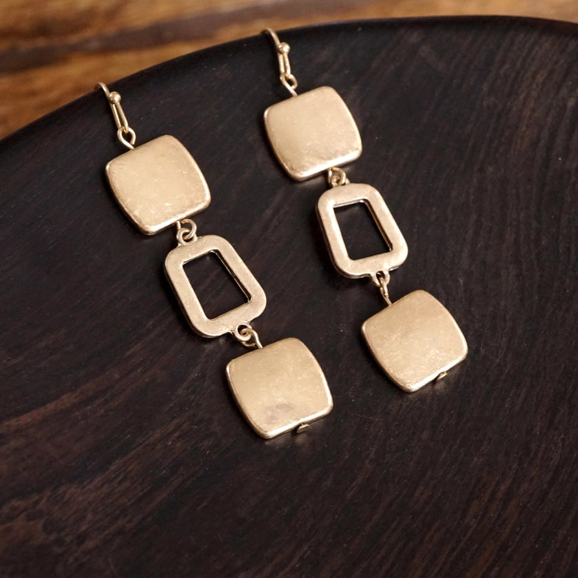 Boho Square Dangle Worn Gold Earrings