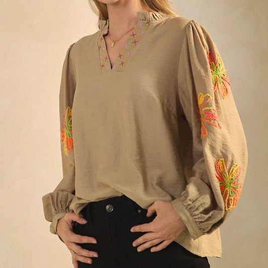 Textured Blouse with Floral Embroidery