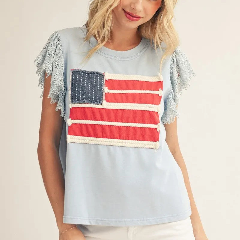 Lace Flutter Sleeves American Flag Patched Top