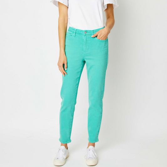 High Waisted Garment Dyed Slim Jeans