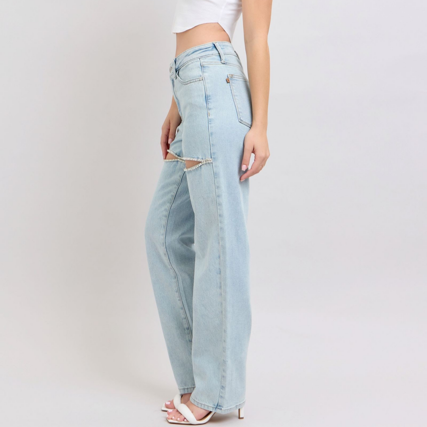 High Waist Straight Leg Jeans with Rigid Rhinestone Magic Slits