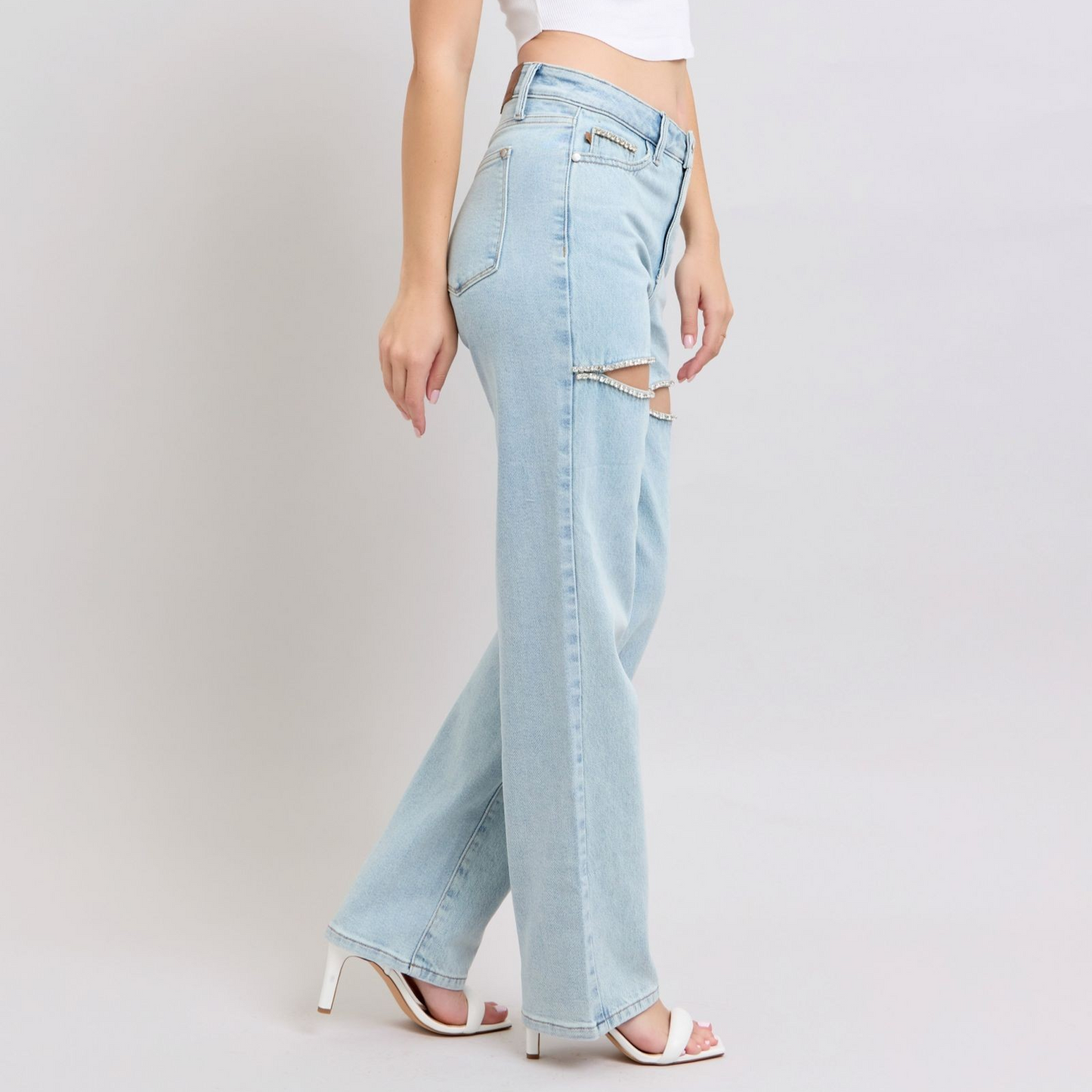 High Waist Straight Leg Jeans with Rigid Rhinestone Magic Slits