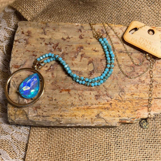Turquoise Blue AB Teardrop & Bead Gold Necklace