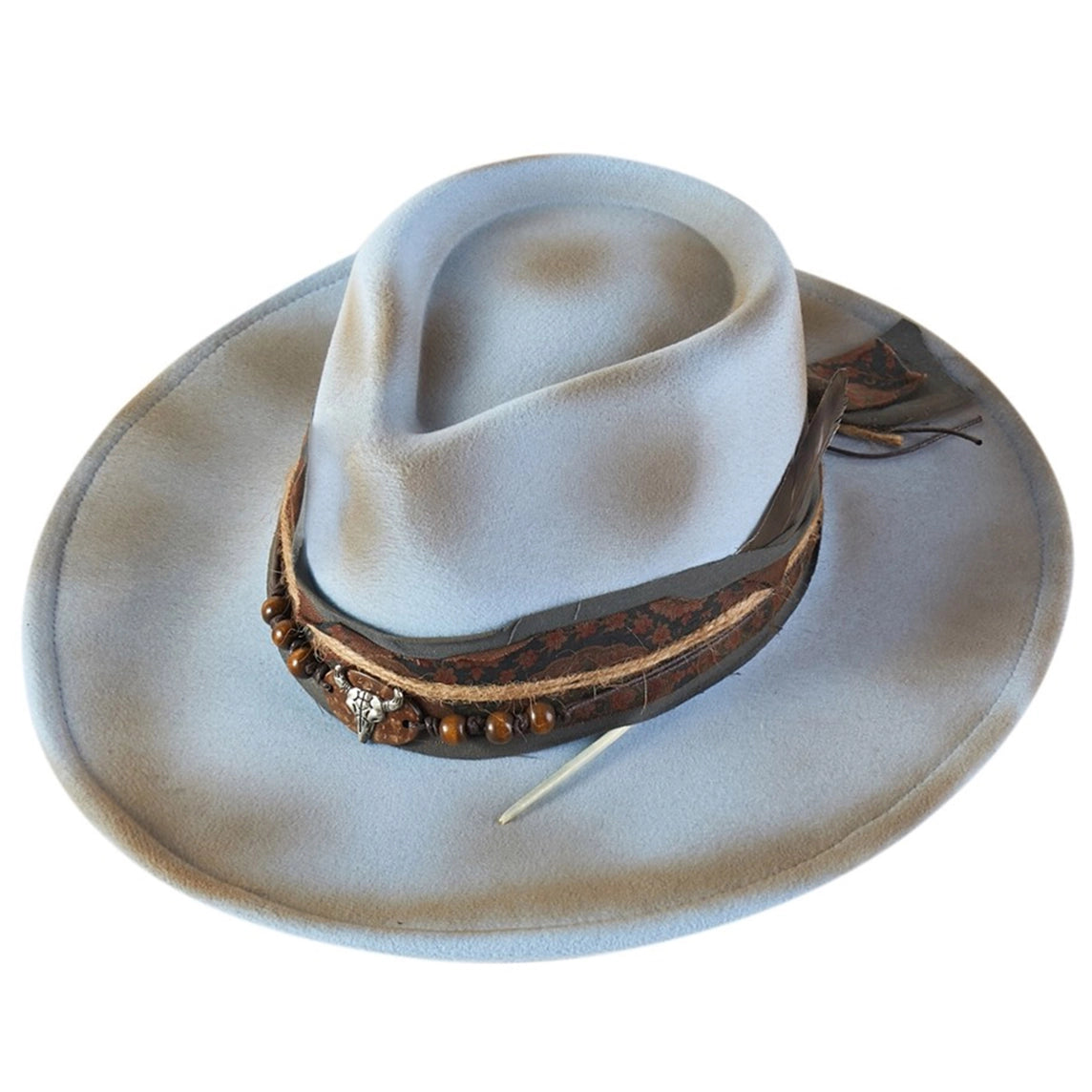 Bead Rustic Style Cowgirl Fedora Hat with Distressed Fabric