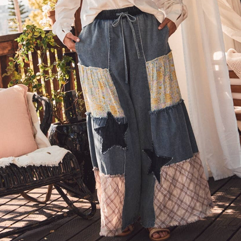 Mixed Fabric Patchwork Wide Leg Pants