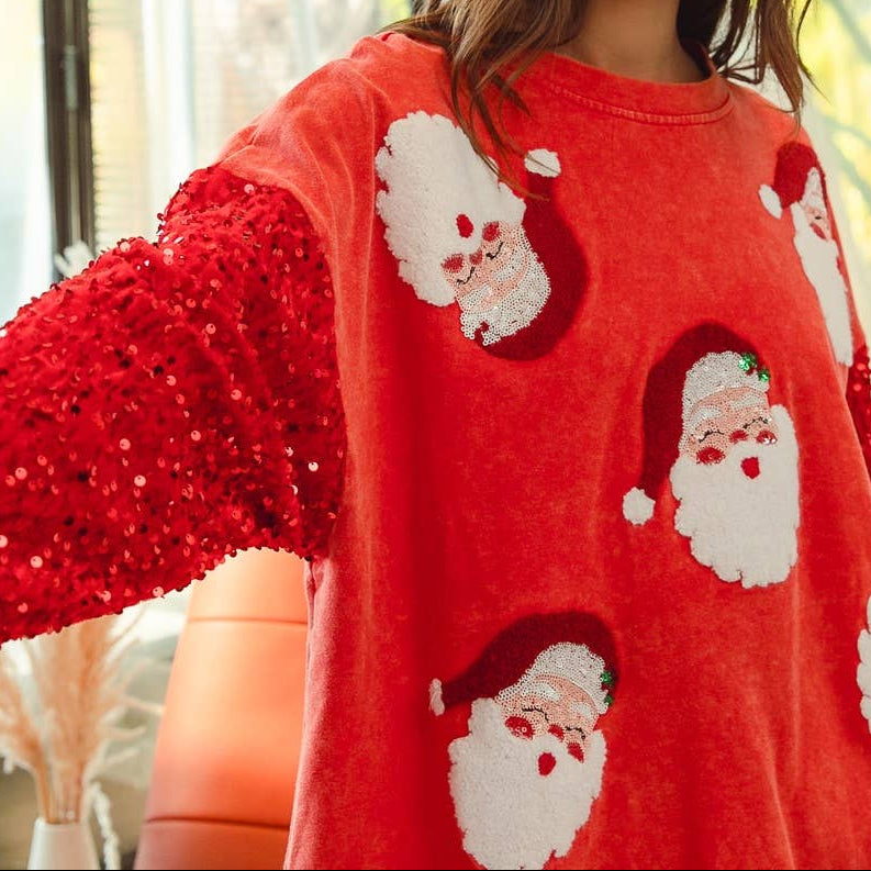VELVET SEQUIN BEARD SANTA CHRISTMAS PULLOVER