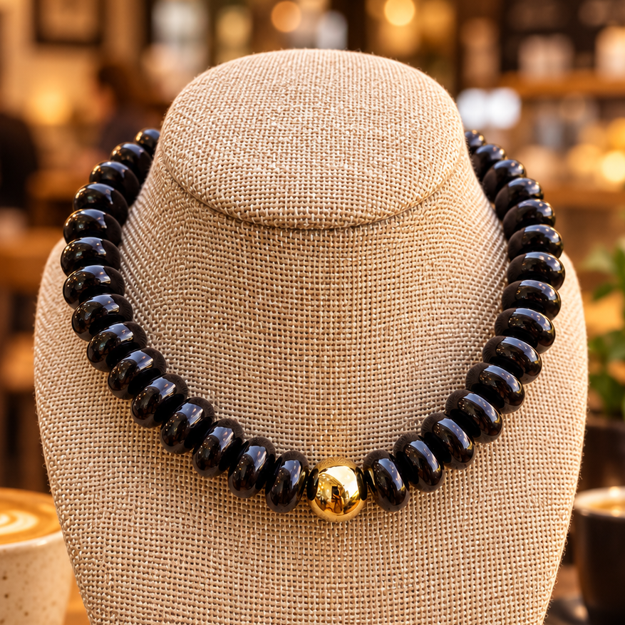 Glossy Black Rondelle Beaded Necklace