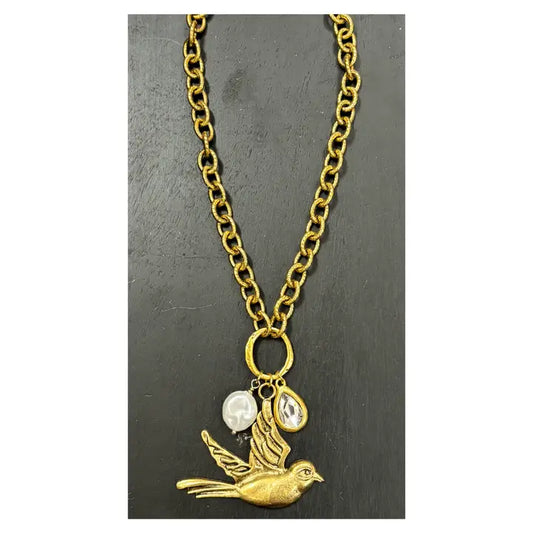 Mother of Pearl, Gold Plated Bird and Swarovski Crystal Necklace