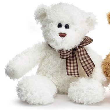 Plush 11" Curly Fur Cream Bear With Brown Plaid Bow