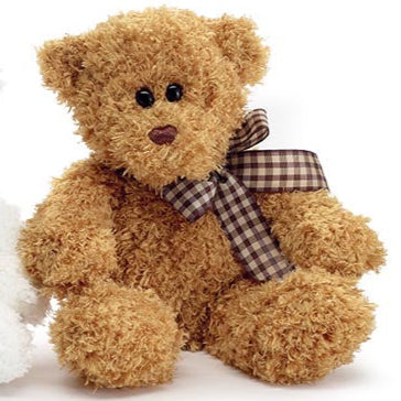 Plush 11" Curly Fur Brown Bear With Brown Plaid Bow