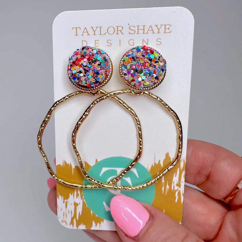 Round Rainbow Glitter Top Hoop Earrings
