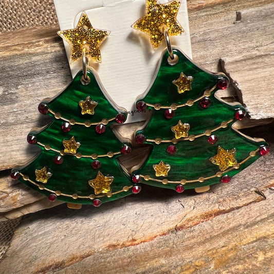 Green Acrylic Decorated Christmas Trees and Gold Star Glitter Earrings